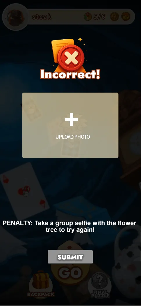 A MazeFox incorrect-answer screen with a fun group-selfie penalty