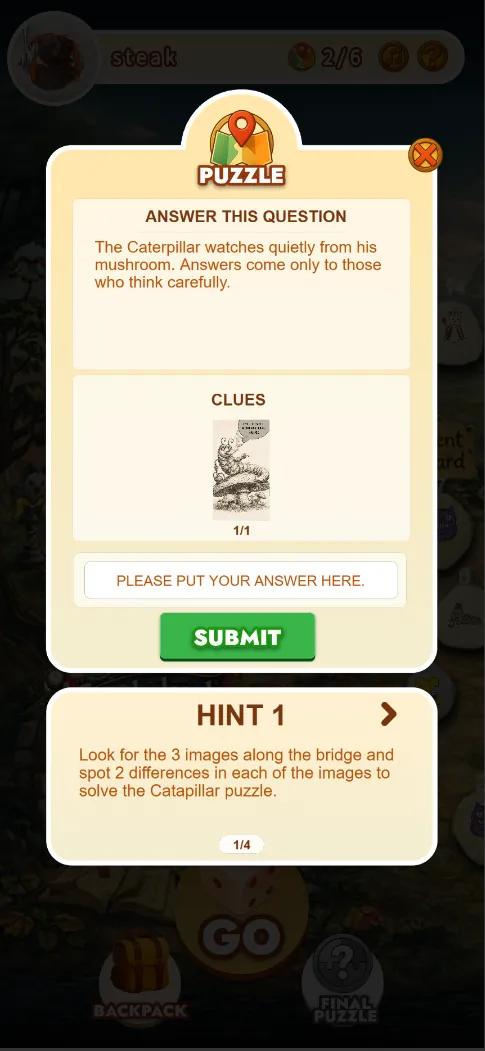 A MazeFox puzzle screen with a question, image clues, an answer box and a hint