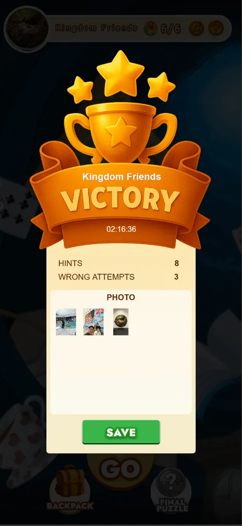 The MazeFox victory screen with a trophy, team name, finish time, hints and wrong attempts, and the team photos